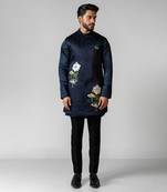Navy peony embroidered satin kurta jacket set