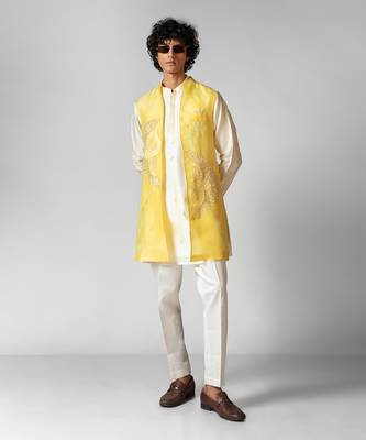 Paris daisy yellow embroidered satin kurta jacket set 5