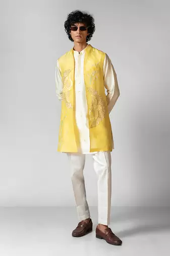 Paris daisy yellow embroidered satin kurta jacket set