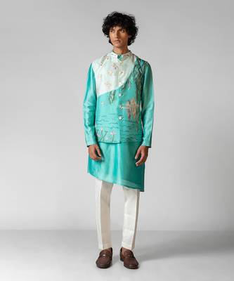 Aqya blue embroidered satin kurta jacket set 1