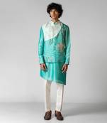 Aqya blue embroidered satin kurta jacket set
