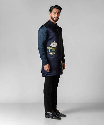 Navy peony embroidered satin kurta jacket set 2