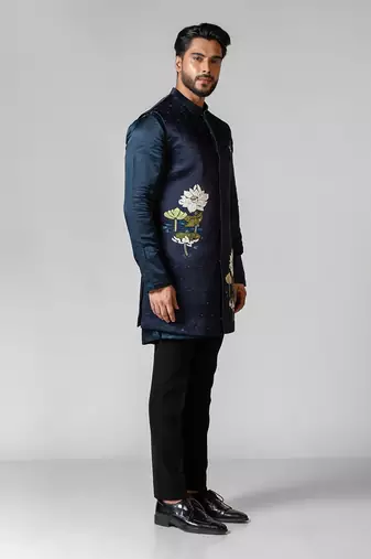 Navy peony embroidered satin kurta jacket set