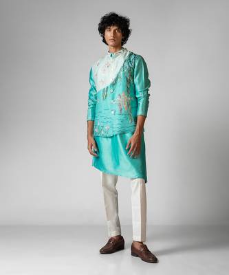 Aqya blue embroidered satin kurta jacket set 2