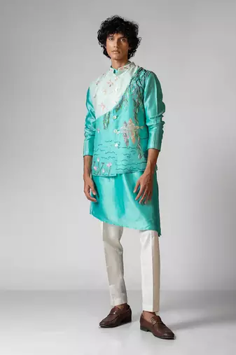 Aqya blue embroidered satin kurta jacket set