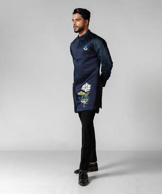 Navy peony embroidered satin kurta jacket set 3