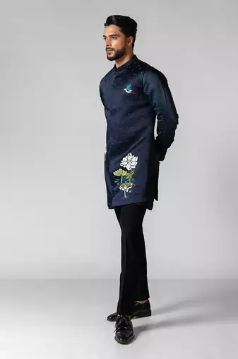 Navy peony embroidered satin kurta jacket set