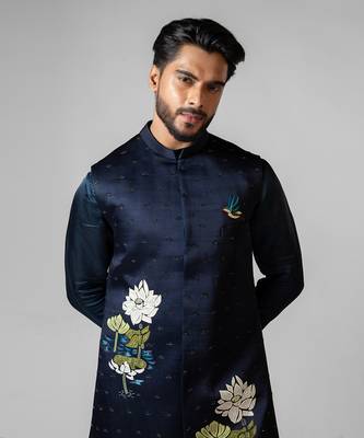 Navy peony embroidered satin kurta jacket set 4