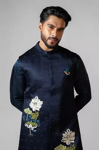 Navy peony embroidered satin kurta jacket set