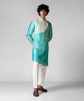 Aqya blue embroidered satin kurta jacket set 3