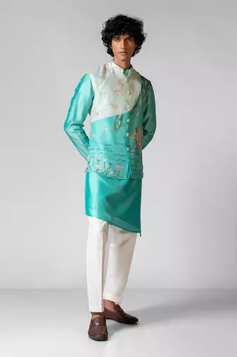 Aqya blue embroidered satin kurta jacket set