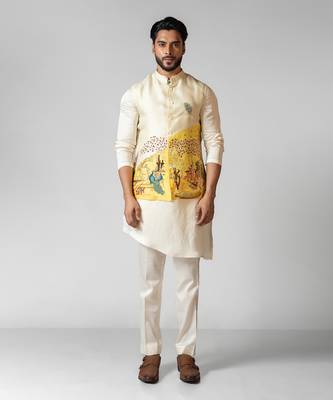 Kush yellow embroidered satin kurta jacket set 1