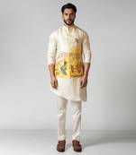 Kush yellow embroidered satin kurta jacket set
