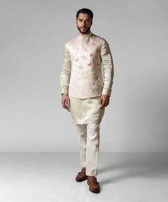 Dusty ivory embroidered satin kurta jacket set 1