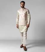 Dusty ivory embroidered satin kurta jacket set