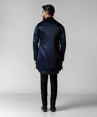 Navy peony embroidered satin kurta jacket set 5