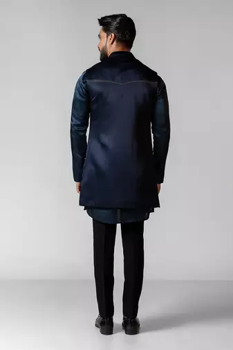 Navy peony embroidered satin kurta jacket set
