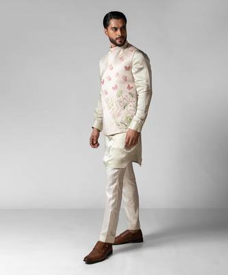 Dusty ivory embroidered satin kurta jacket set 2