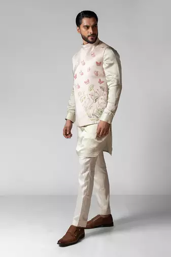 Dusty ivory embroidered satin kurta jacket set