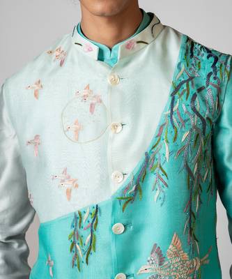 Aqya blue embroidered satin kurta jacket set 4