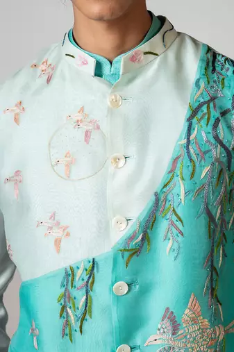 Aqya blue embroidered satin kurta jacket set