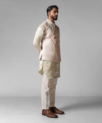 Dusty ivory embroidered satin kurta jacket set 3
