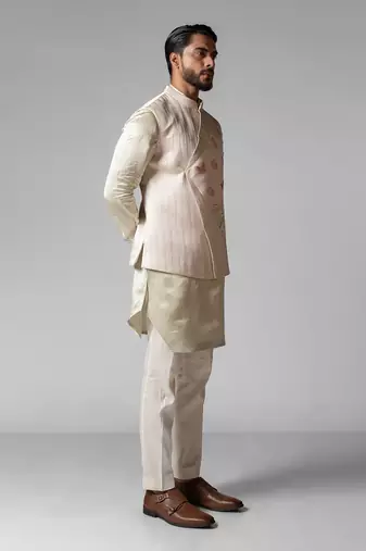 Dusty ivory embroidered satin kurta jacket set