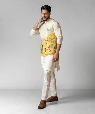 Kush yellow embroidered satin kurta jacket set 2