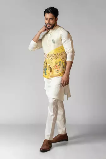 Kush yellow embroidered satin kurta jacket set