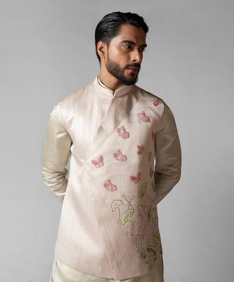 Dusty ivory embroidered satin kurta jacket set 4