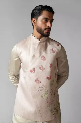 Dusty ivory embroidered satin kurta jacket set