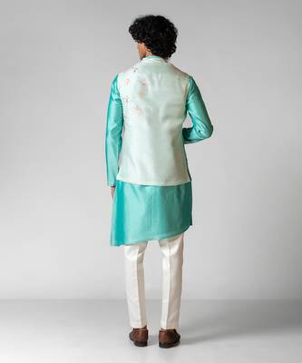 Aqya blue embroidered satin kurta jacket set 5