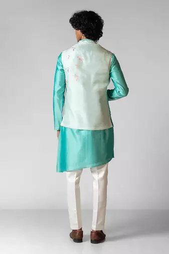 Aqya blue embroidered satin kurta jacket set