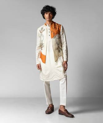 Tangy orange embroidered satin kurta jacket set 1