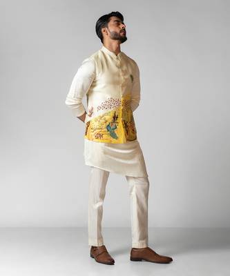 Kush yellow embroidered satin kurta jacket set 3