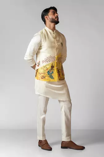 Kush yellow embroidered satin kurta jacket set
