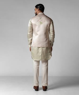 Dusty ivory embroidered satin kurta jacket set 5
