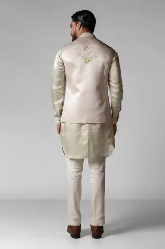 Dusty ivory embroidered satin kurta jacket set