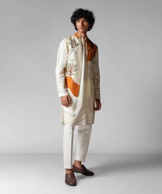 Tangy orange embroidered satin kurta jacket set 2