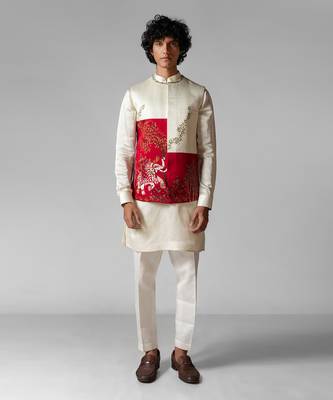 Ruby red embroidered satin kurta jacket set 1