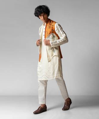 Tangy orange embroidered satin kurta jacket set 3