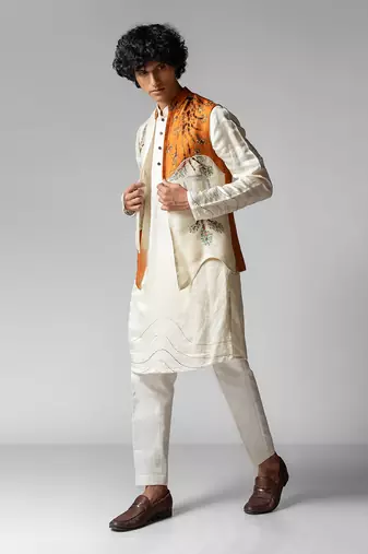 Tangy orange embroidered satin kurta jacket set