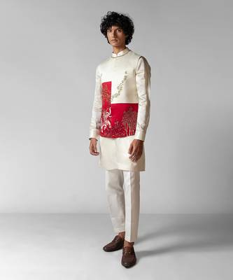 Ruby red embroidered satin kurta jacket set 2