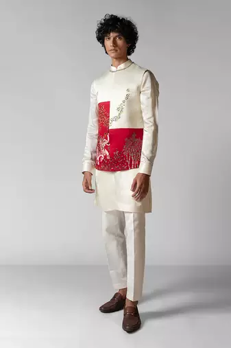 Ruby red embroidered satin kurta jacket set