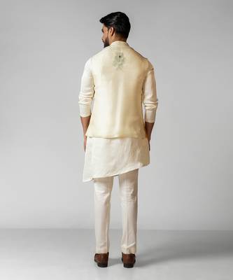 Kush yellow embroidered satin kurta jacket set 4