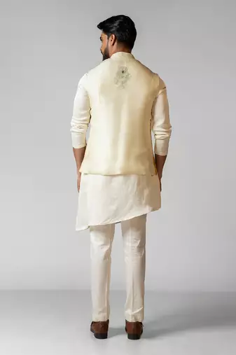 Kush yellow embroidered satin kurta jacket set