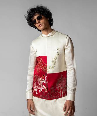 Ruby red embroidered satin kurta jacket set 3
