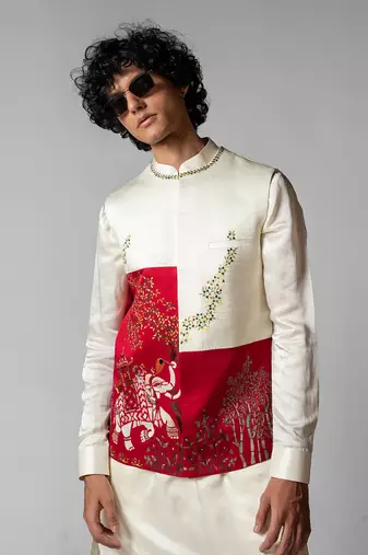 Ruby red embroidered satin kurta jacket set