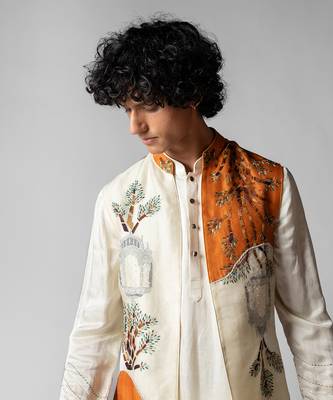 Tangy orange embroidered satin kurta jacket set 4