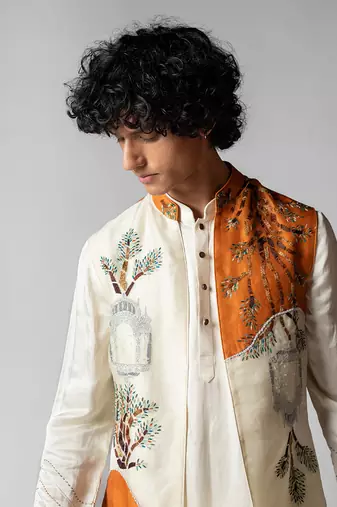 Tangy orange embroidered satin kurta jacket set